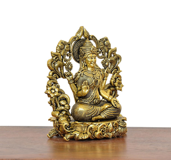 Superfine Brass Lakshmi Maa Idol with Floral Arch Golden (Height 4 Inch) Study Setting