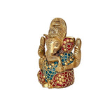 Ganesha brass statue, side profile with blue and red enamel ornaments