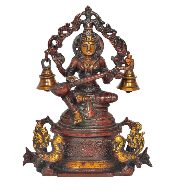 Brass Goddess Saraswati Sitting On Swan Devi of Study Maa Saraswati for Home Decor Office Mandir Pooja (Height: 8 Inch)