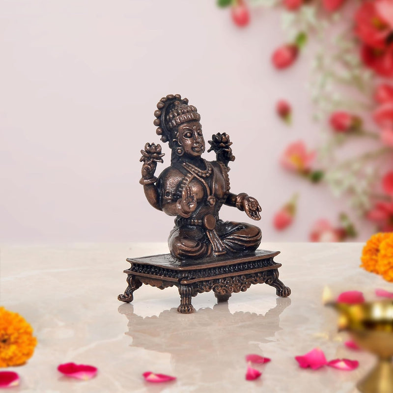 Copper Lakshmi Seated on Pedestal Murti for Home Temple (Height: 2.5 Inch)