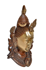 Brass Shiva wall mask idol, profile face with detailed headdress and hands posed