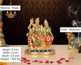 Brass Shiv Parivar idol, multicolor accents on red-green attire, 6-inch height