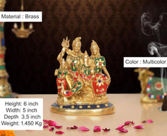 Brass Shiv Parivar idol, multicolor accents on red-green attire, 6-inch height