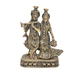Brass Radha Krishna standing statue with detailed jewelry and Krishna holding flute