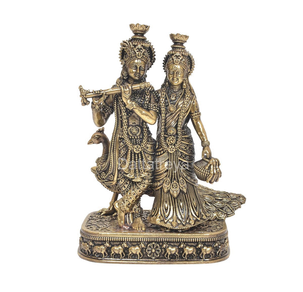 Superfine Brass Standing Radha Krishna Statue Idol with Peacock Krishna Playing Flute Decorative Showpiece for Home Decor Mandir Office Pooja Temple Entryway Setting