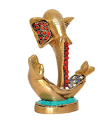 Brass Ganesha idol figurine with red bead chain, blue jewel trim, turquoise ring base