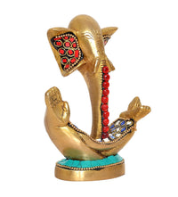 Brass Ganesha idol figurine with red bead chain, blue jewel trim, turquoise ring base