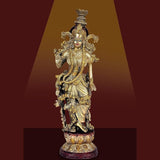 Brass Radha Rani statue, ornate crown and draped garments, standing pose on base