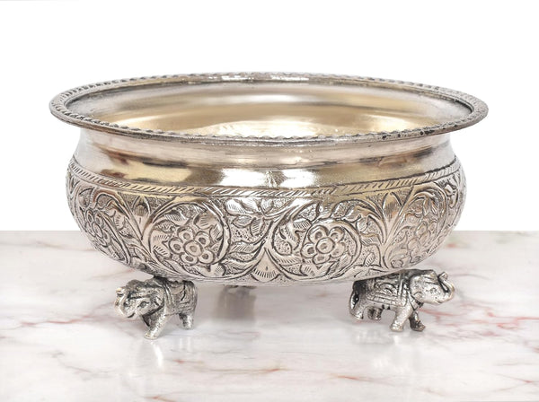 German Silver Elephant with Urli Bowl (Height : 3 Inches) Entryway Setting