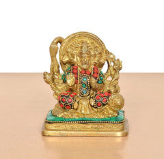 Panchmukhi Hanuman idol with teal base and red, green, gold ornament details