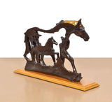 Horse and foal resin figurine set, dark brown pair with golden mane, side view.