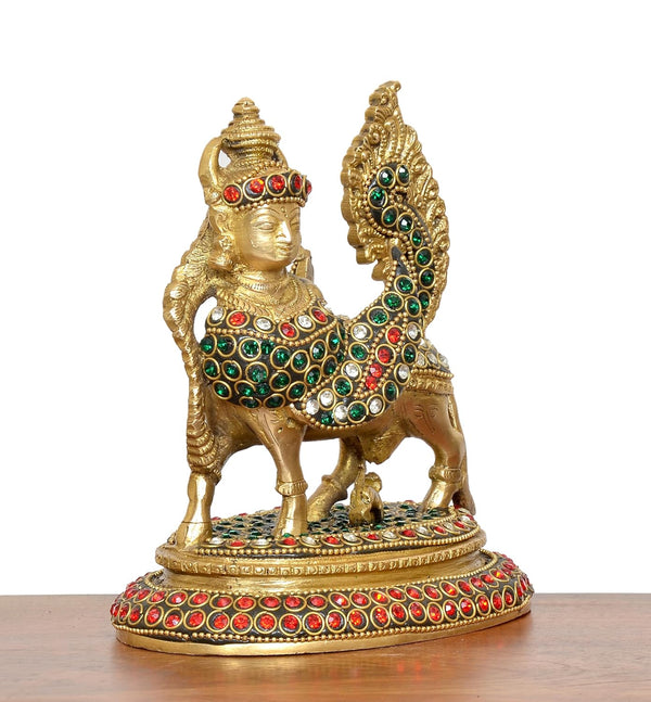 Brass Kamadhenu Cow with Wings (Height 6.5 Inch) Study Setting