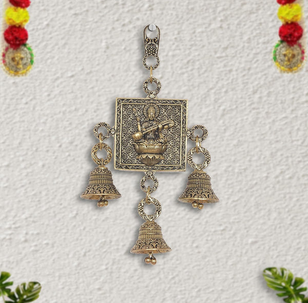 Superfine Brass Goddess Saraswati Diwali Wall Hanging with Bells (Height: 6.5 Inch) Entryway Setting