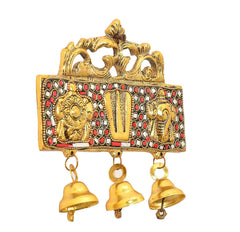 Gold metal hanging latkan with red gem Namam panel and three bells