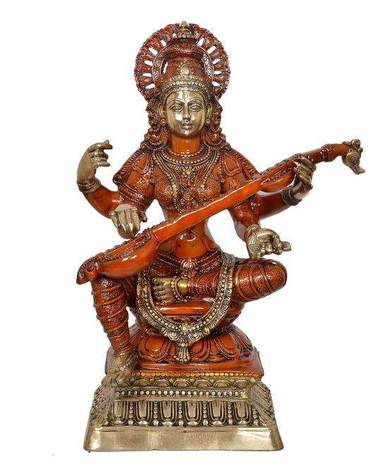 Brass Big Size Maa Goddess Saraswati Seated on Wooden PedestalI dol for Home Decor and Pooja (Height 30 Inch)