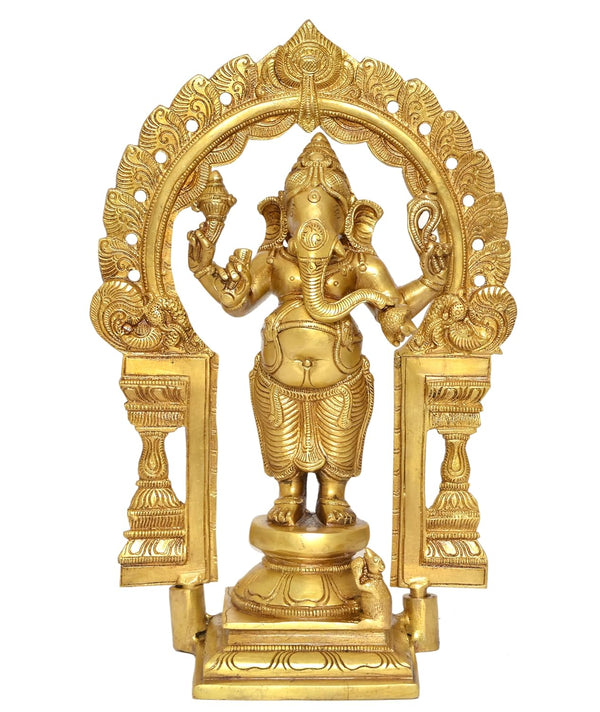 Brass Standing Ganapati Statue with Prabhavali Arch Ganesh Statue Decorative Sculpture for Home Decor Office Mandir Pooja Temple (Height 14 Inch) Entryway Setting