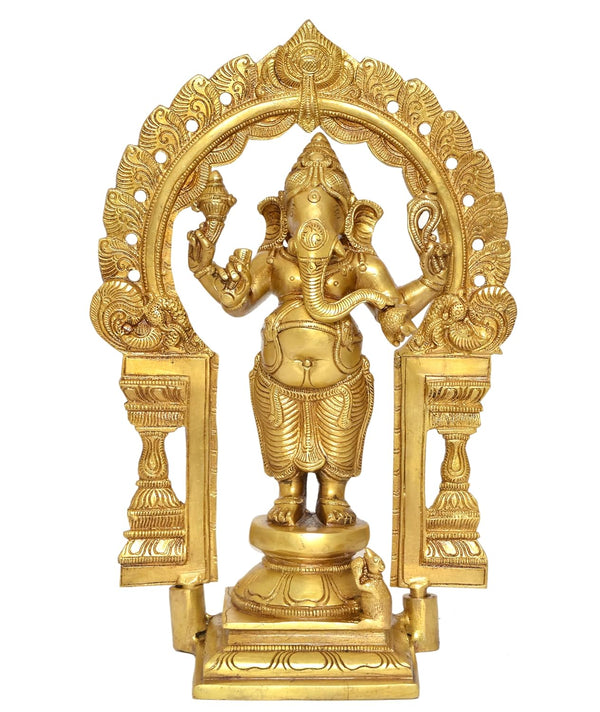 Brass Standing Ganapati Statue with Prabhavali Arch Ganesh Statue Decorative Sculpture for Home Decor Office Mandir Pooja Temple (Height 14 Inch)