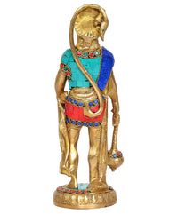 Brass Hanuman idol rear angle, turquoise and blue garments with red waist sash