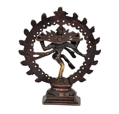 Lord Shiva Natraj antique brass idol, detailed circular halo with dot accents, 6 inch