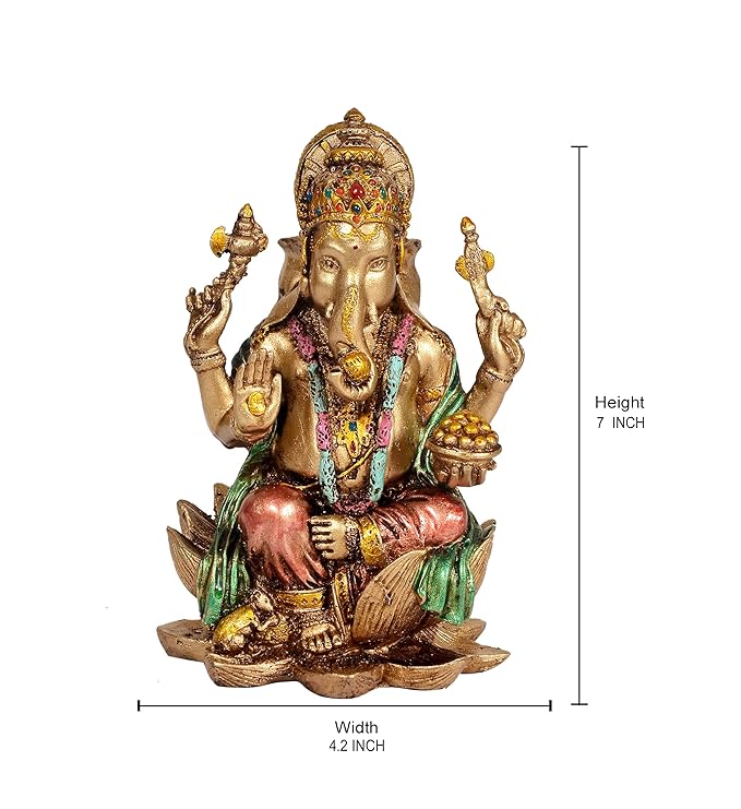 Cold Cast Handcrafted Lord Ganesha Ganesh Murti Sitting On Lotus in Resin, Height : 7 inch, Multicolor