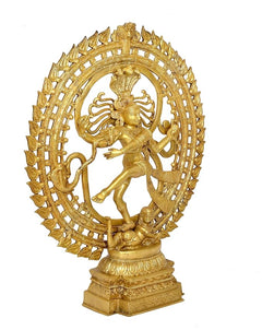 Brass Lord Shiva Nataraj idol, front-right view with ornate halo and base