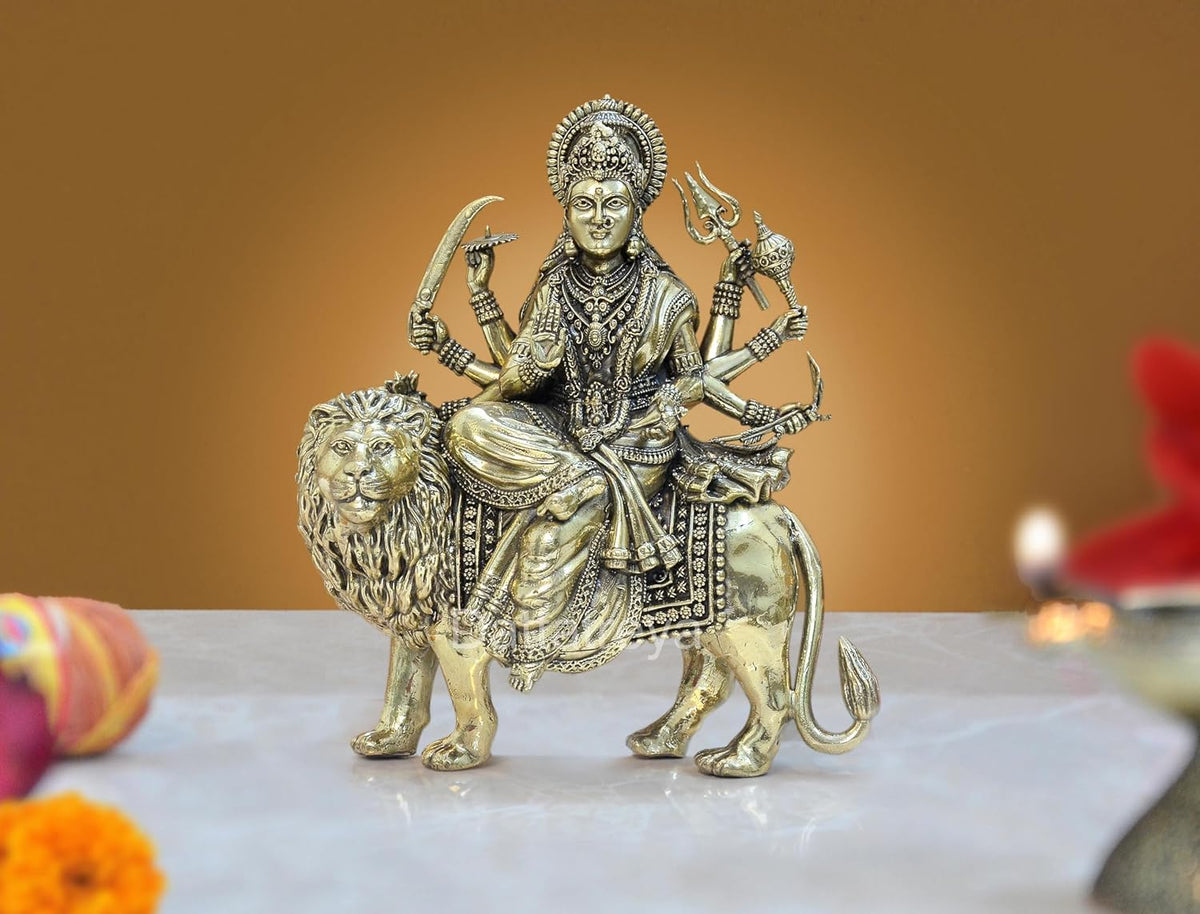 Durga Maa brass idol on lion, 7.5 in, detailed arms and jewelry