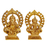 Brass Lakshmi-Ganesh sitting idols on base, front view