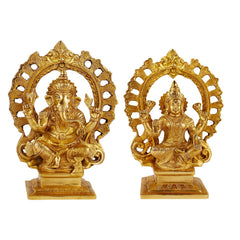Brass Lakshmi-Ganesh sitting idols on base, front view