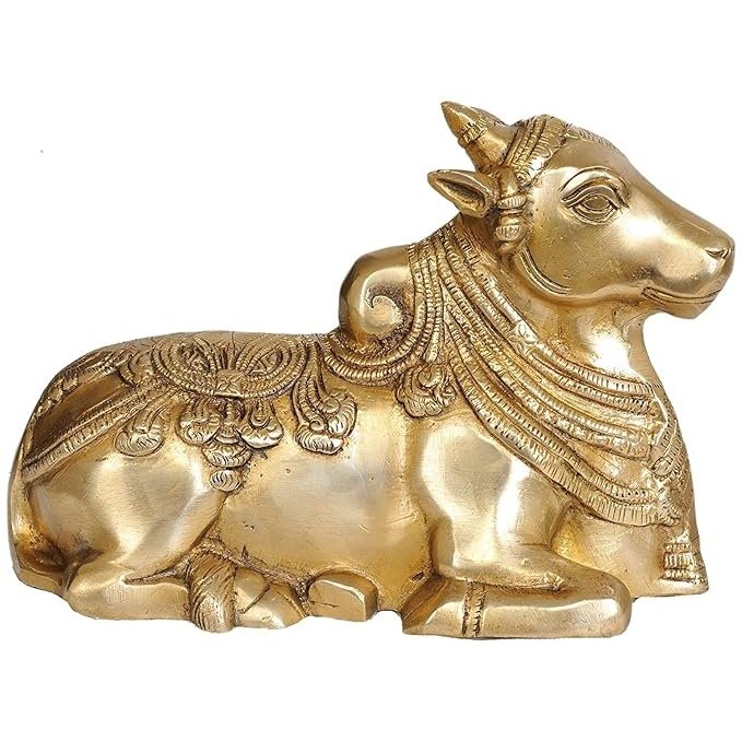 Brass Nandi vahana of Shiva figurine, gold-toned bull with carved ornamentation