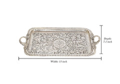Ornate serving tray with handles, 13 in width and 7.5 in depth