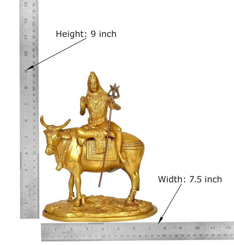 Brass Lord Shiva Seated on Nandi Murti Religious Statue for Home Temple Decor (Height : 9 inch)