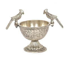 Single silver parrot bowl with etched detailing and pedestal base