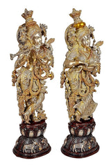 Brass Radha Krishna sculpture, side view with detailed crown and draped attire