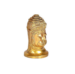 Golden brass Hanuman head face idol, angled view showing serene eyes and nose