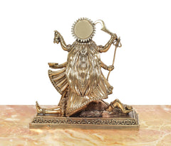 Bronze Mahakaali Mata idol with Shivji, back view with halo and draped ornaments