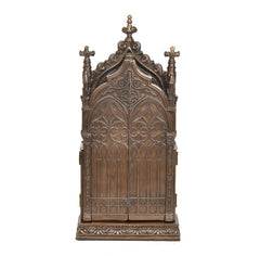 Bronze-finish church gate statue back view with ornate arches and cross topper.