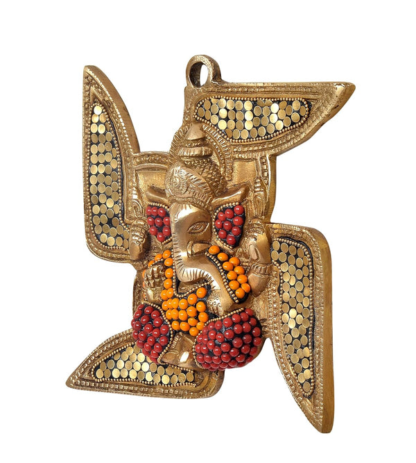 Brass Ganesha Swastik Wall Hanging Wall Decorative Showpiece Swastik with Ganesha Multicolour (Height 7 Inch) Study Setting