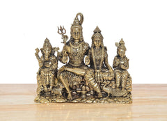 Brass Shiv Parivar figurines, Shiva seated in center with Ganesha and Kartikeya flanking