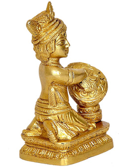 Brass Laddu Gopal Makhan Chor idol, side view with butter pot, 4.5 in height