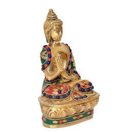 Brass meditating Buddha statue with palms together, jeweled robe, lotus base