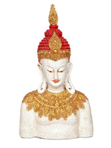Resin Buddha statue bust, red jeweled crown, gold ornaments, serene white face