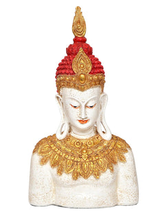 Resin Buddha statue bust, red jeweled crown, gold ornaments, serene white face
