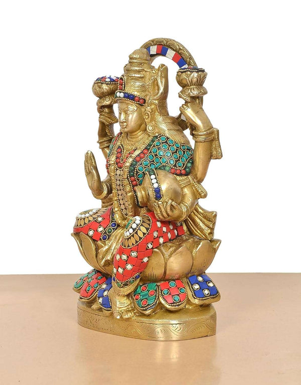 Brass Lakshmi Idol with Pot of Money (Height: 12.5 Inch) Study Setting