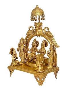 Brass Ram Darbar home decor idol on ornate singhasan with crowned chhatra top