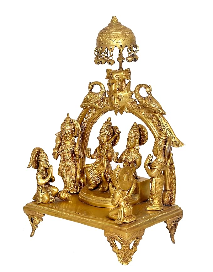 Brass Ram Darbar Murti with Chtra On Top with Sun Peacock and Singhashan for Home Décor Bhagwan Ram Darbar with Sita Laxman Hanuman Idol Statue for Mandir Temple