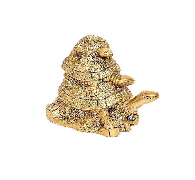 Brass Turtle Figurine - Elegant Home Decor | Vastu Symbol | Two Smaller Turtles Mounted on a Large Lurtle (Height 3 Inch)