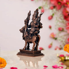 Copper Shiva-Parvati on Nandi idol, side view with trident