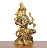 Lakshmi idol statue, angled rear-left view, jeweled dress and gold seated base