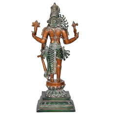 Brass standing Hariharan statue, half Shiva half Vishnu, back/side view, raised hand