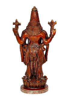 Brass Tirupati Balaji idol statue back view, tall crown and four arms, multicolour